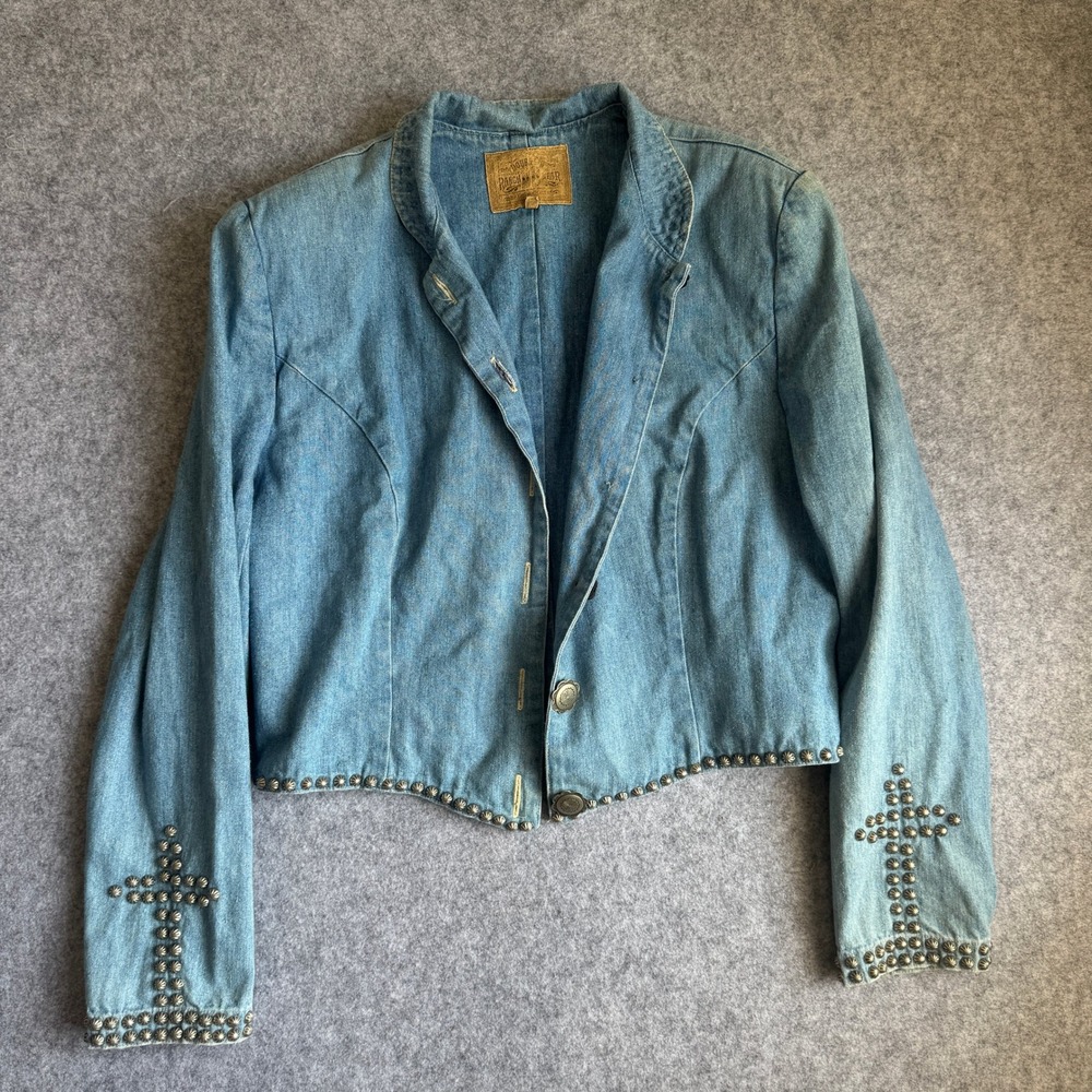 Double J Ranchwear Womens L Blue Denim Studded Cross Western Cropped Jacket